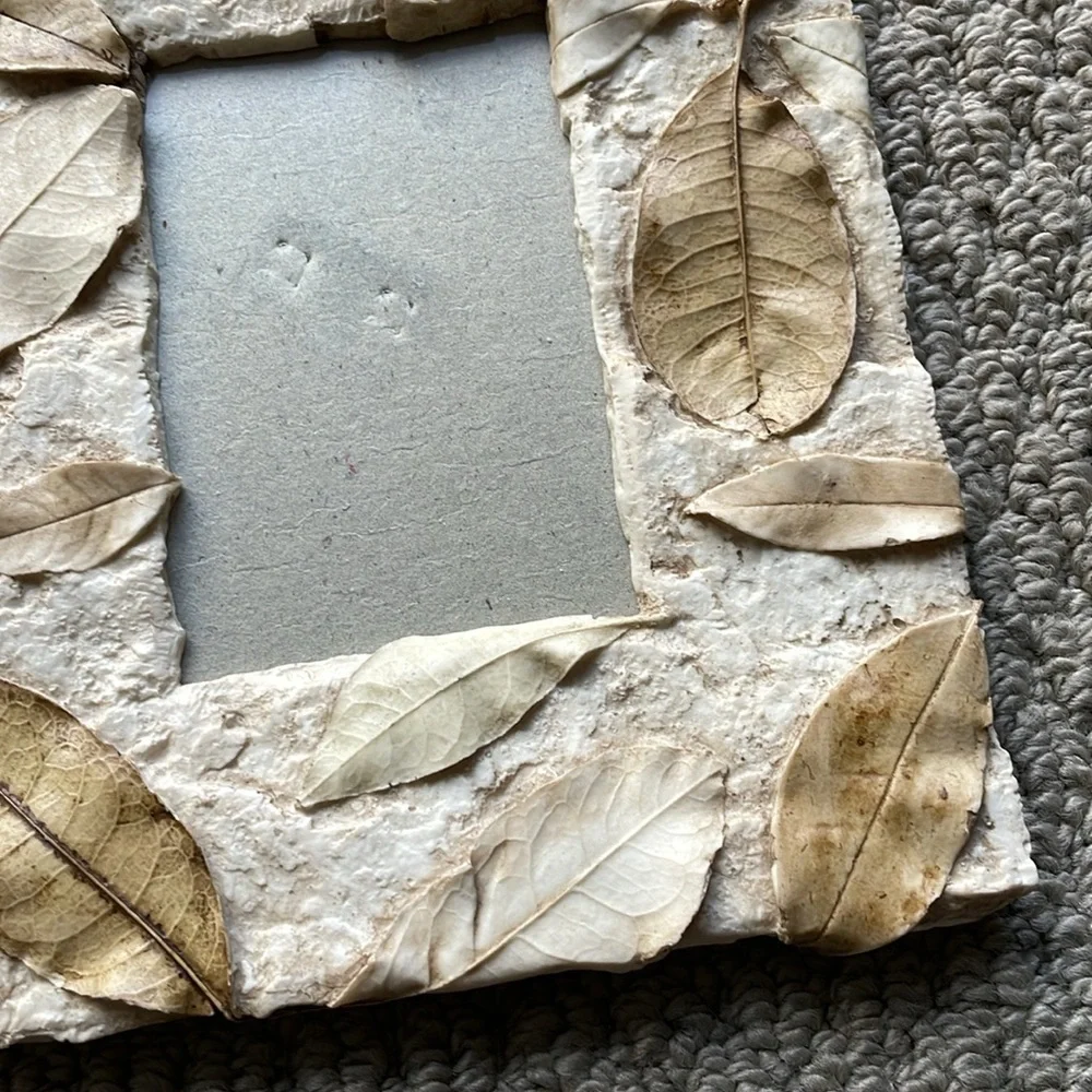 Beautiful Vintage Paper Mache Natural Dried Leaf Border Photo Frame In Cream/Tan